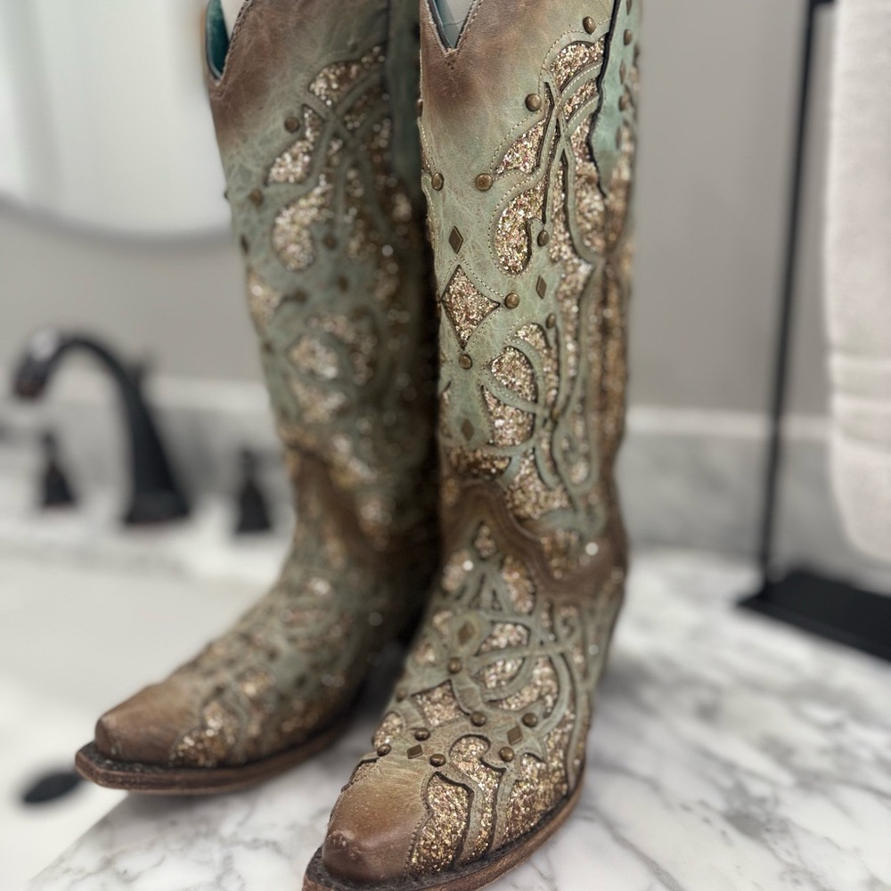 Corral Women's Embroidered Western Boots - Aqua Tiffany blue and Gold glitter